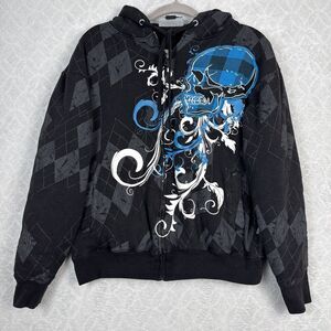 Vtg Y2K Sapphire Lounge Full Zip Hoodie Mens M Fleece Skull Punk Skater Scene
